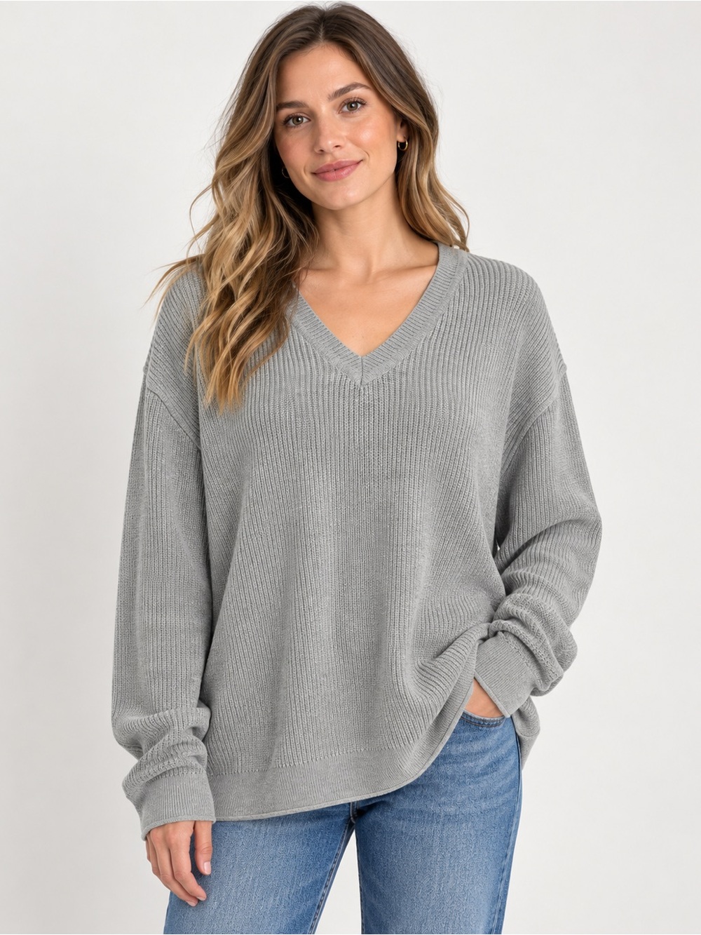 Lucky Brand Women’s XL Gray Oversized V-Neck Ribbed Knit Sweater
